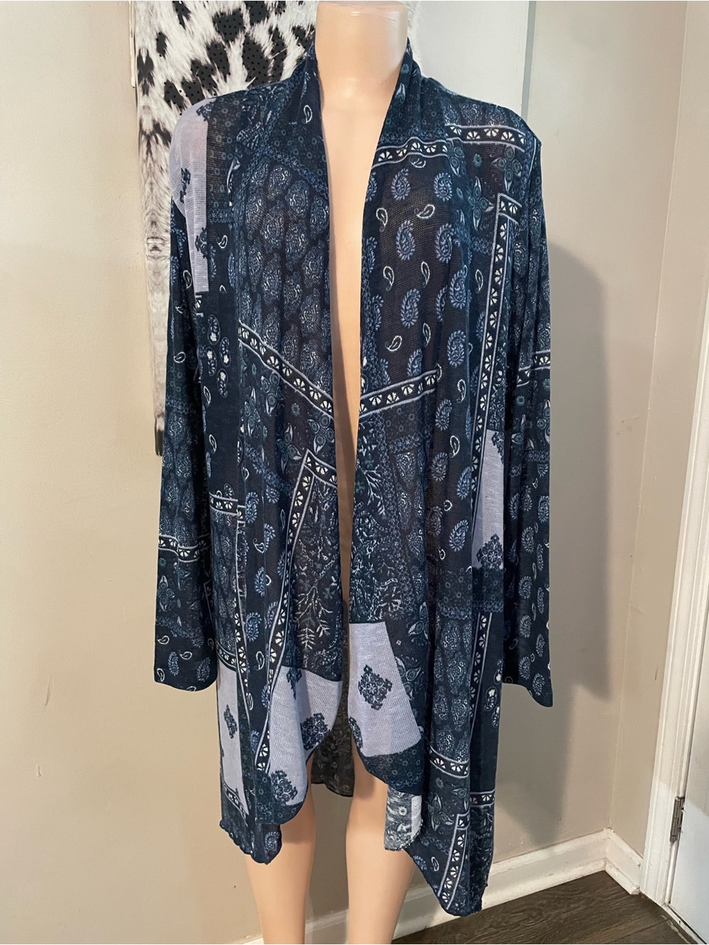 Tru Self Blue patchwork bandana kimono cardigan boho pair style fall soft XL